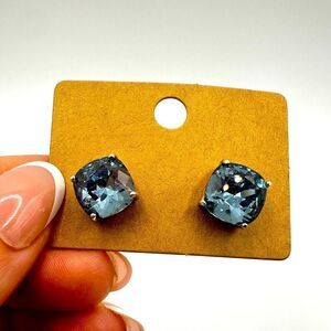 10mm Stamped “D” cushion cut crystal blue earring studs in silver tone!
